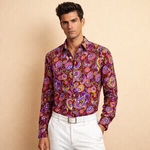 MR TURK Men's Paisley Print Button up Shirt Burgundy Multi size Large